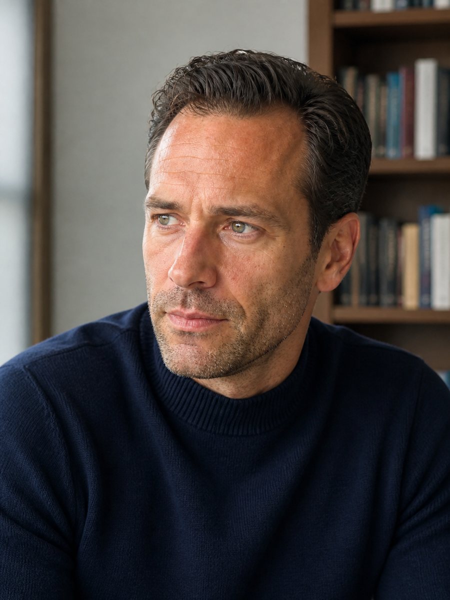 Jaxson Robins at his desk in Toronto, in front of a bookshelf