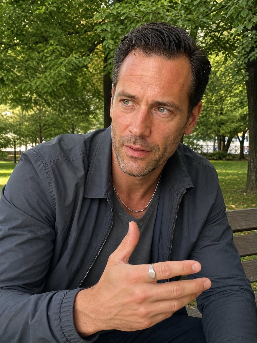 Jaxson Robins talking on a park bench under the trees